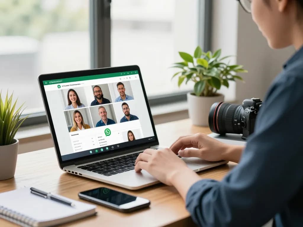 在明亮的办公室环境中使用WhatsApp网页版进行视频会议。