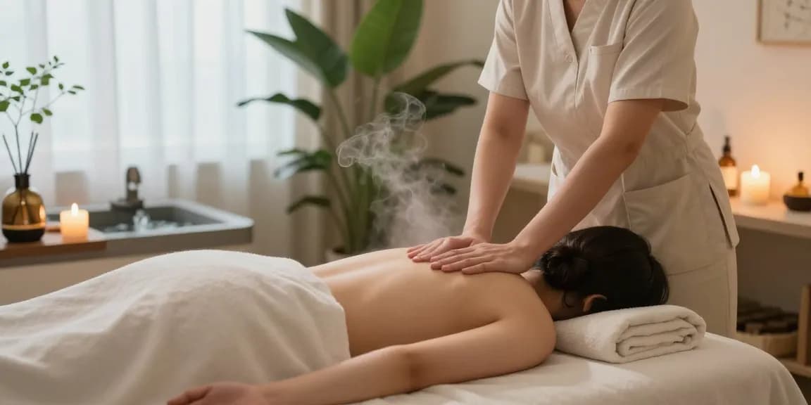 Relaxing 안양출장안마 therapy scene in a tranquil spa with candles and soothing ambience.