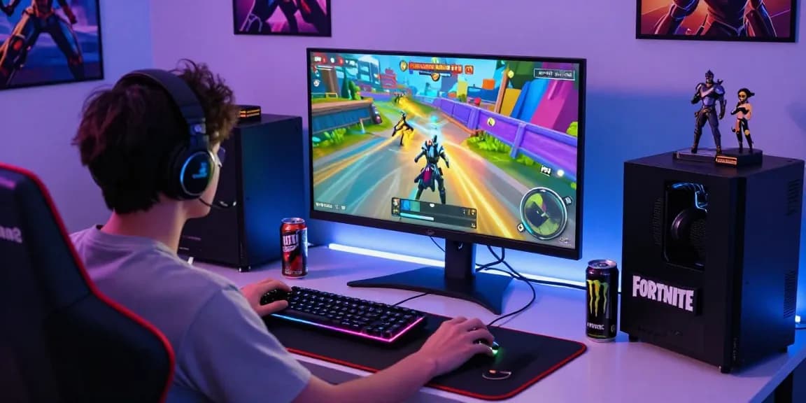 Exciting Fortnite Cheats gaming scene with player focused on gameplay, showcasing energy drinks and collectibles in a vibrant atmosphere.