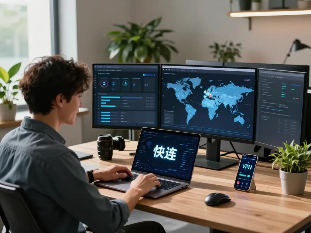 快连 VPN service in a modern tech workspace with multiple screens and laptops.