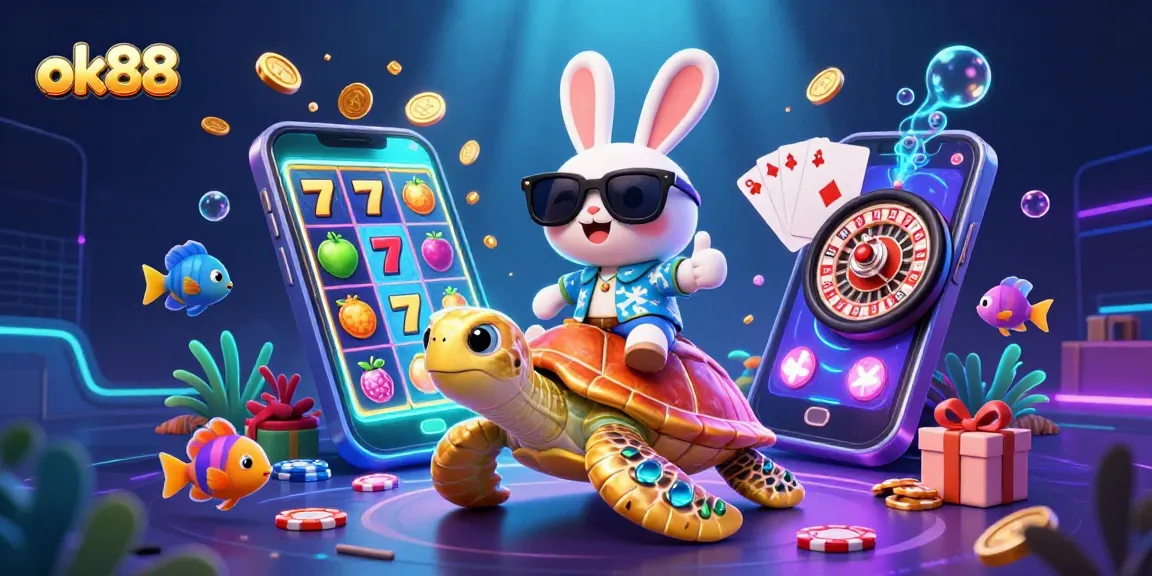 Experience ok88's gaming excitement with a lucky rabbit and a golden turtle in a vibrant casino scene!