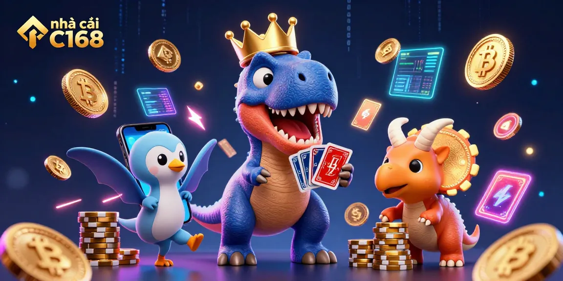 Experience gaming thrills at nhà cái C168 with a vibrant 3D casino scene featuring cartoon dinosaurs.