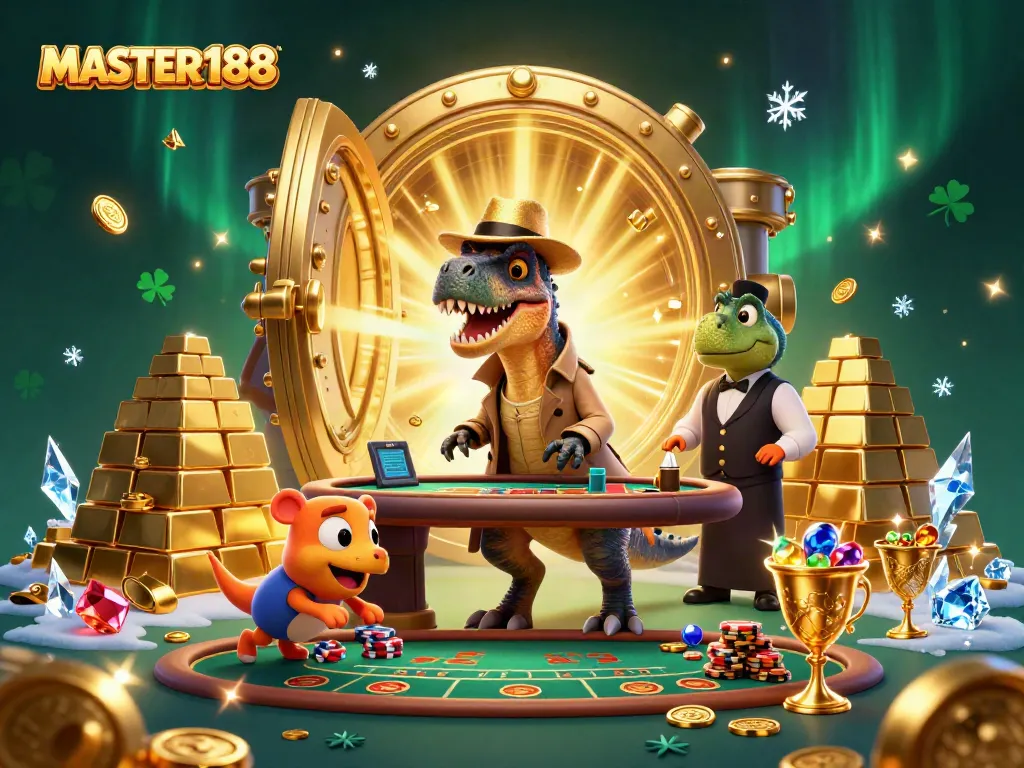 Experience the thrill of MASTER188 with a dynamic casino scene featuring cartoon characters and rich elements.