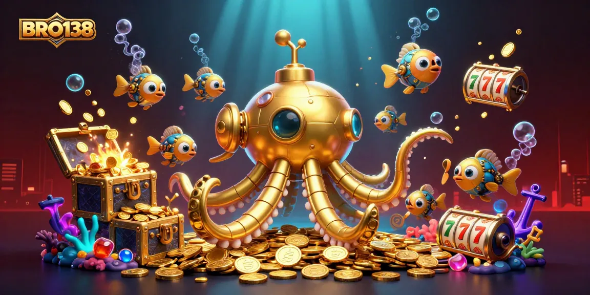 BRO138 showcases thrilling slot adventure with golden kraken and treasure chests amidst vibrant gameplay elements.