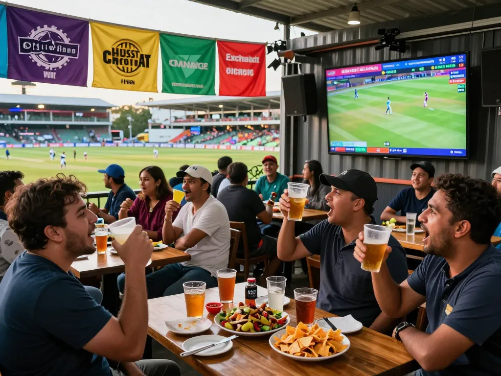Fans engaging in cricket exchange betting at a lively sports bar during a match.