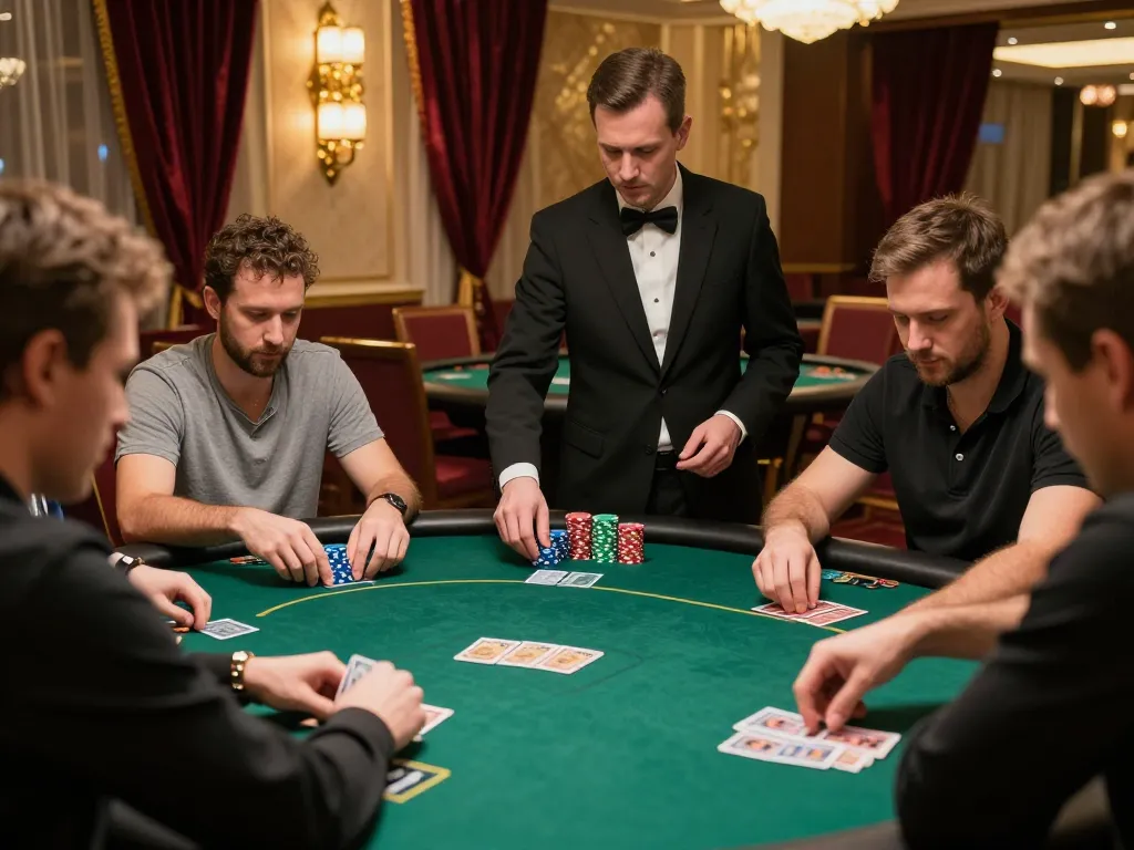Players engaging in a high-stakes poker game at VEGASSLOT77 casino, showcasing strategy and excitement