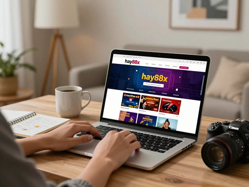 Player engaging with hay88x online casino on a laptop, showcasing comfortable home gaming setup.