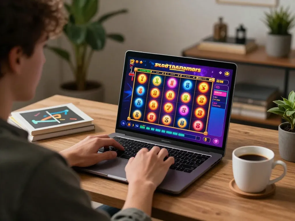 Engaging with Slot Demo on a laptop at a cozy home desk, showcasing vibrant gaming graphics.