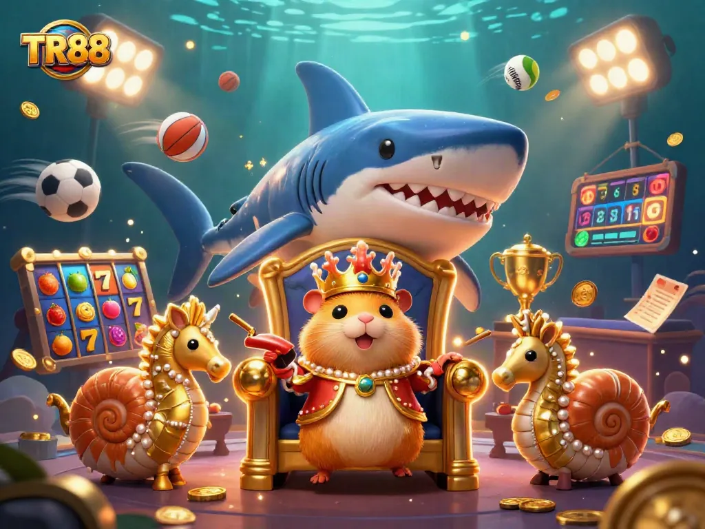 Engage in exciting gameplay with the TR88 slots scene featuring a golden hamster king.