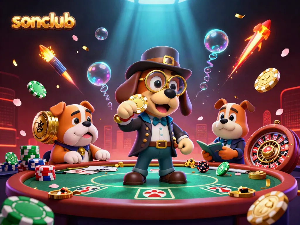 Win big with sonclub in this lively 3D casino scene packed with poker action and festive details.