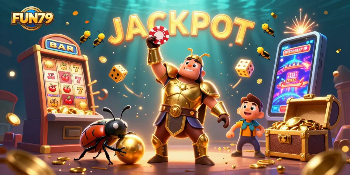 Experience FUN79's thrilling jackpot adventure with beetle heroes celebrating big wins!