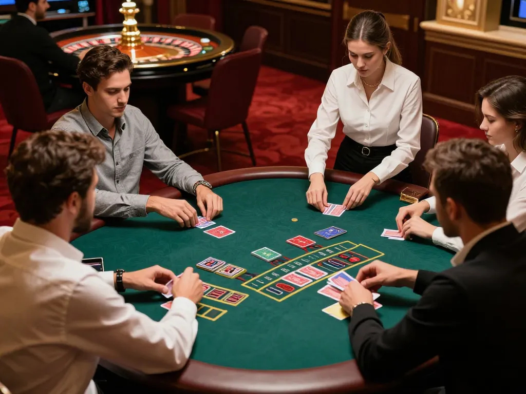 Players strategizing at U888 blackjack table illuminated by elegant casino lighting