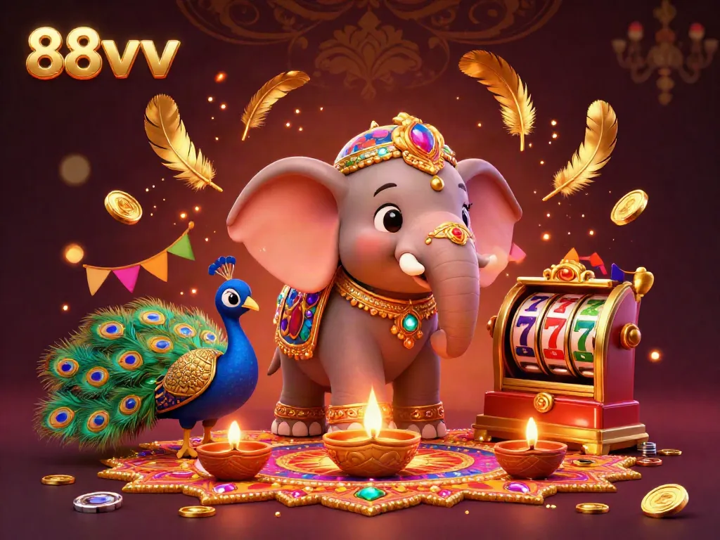 Experience the exhilarating world of 88vvv with vibrant, dynamic characters and celebratory casino elements immersed in an enchanting atmosphere.