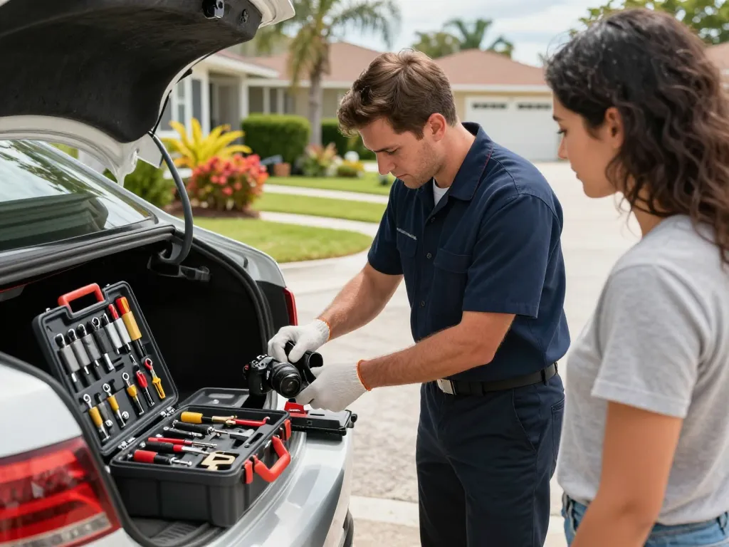 Vero Beach locksmith services being provided by a skilled locksmith in a mobile workshop, assisting a customer with a car lockout, surrounded by tools and a welcoming residential setting.