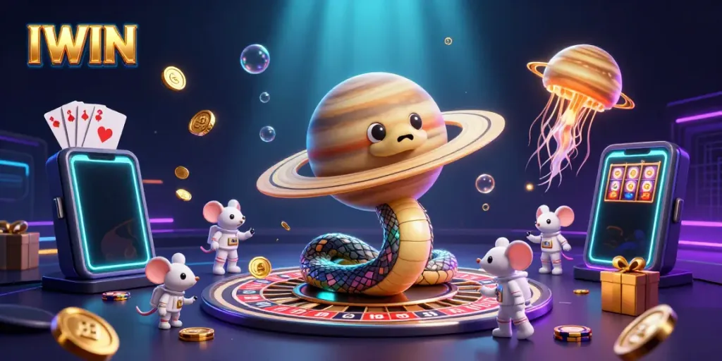 IWIN's vibrant casino atmosphere features a Saturn ring snake and astronaut mice engaging in playful gambling.