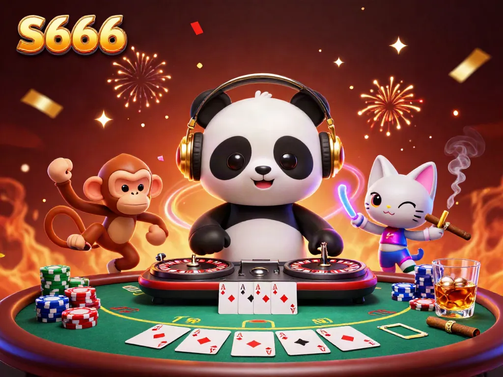 S666 ignites excitement with a vibrant scene featuring gaming characters, roulette wheels, and poker elements.