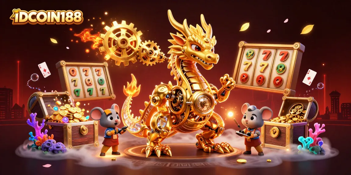 IDCOIN188 showcases a vibrant 3D scene with a golden dragon, dynamic slot elements, and rich gems.