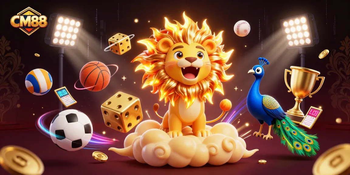 CM88 showcases an energetic 3D scene with a roaring lion, golden dice, and dynamic sports elements.
