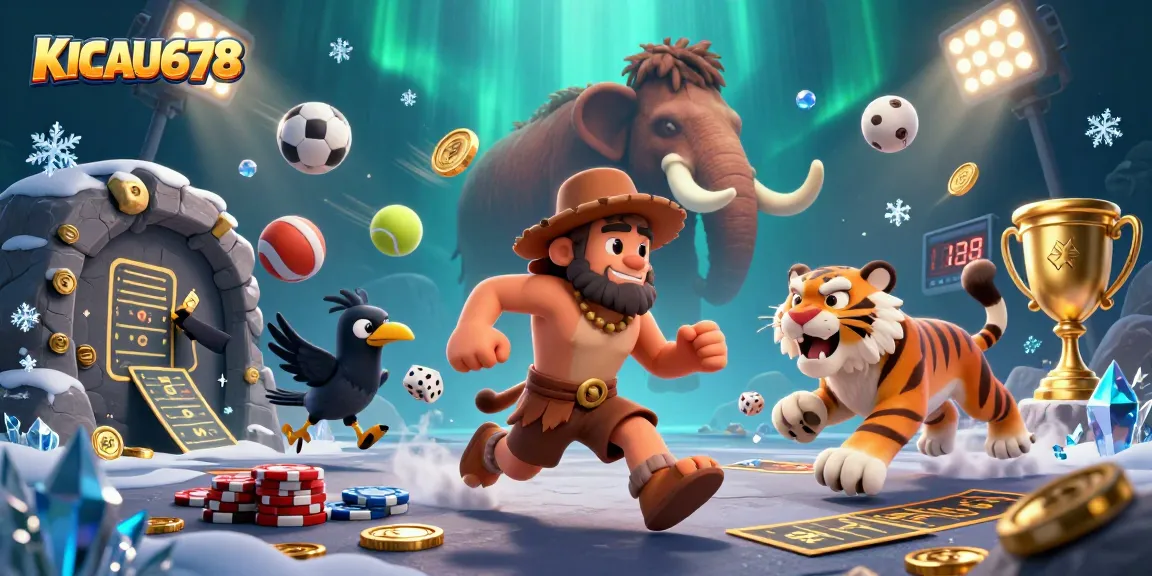 KICAU678 showcases a vibrant prehistoric casino scene with dynamic gaming elements and engaging characters.