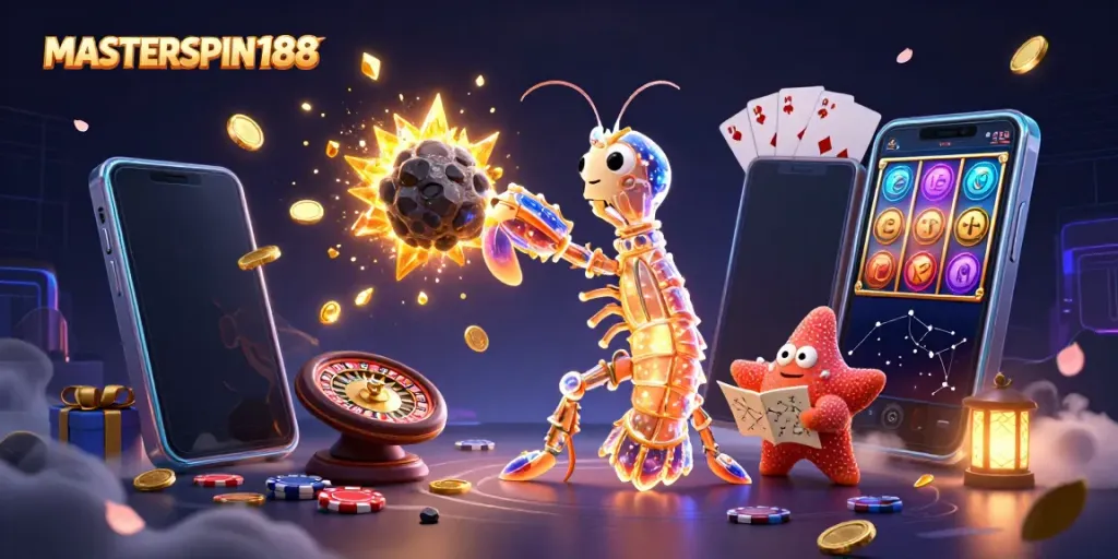 Engage in high-stakes excitement with MASTERSPIN188 as coins and gems burst from a vibrant slot game.