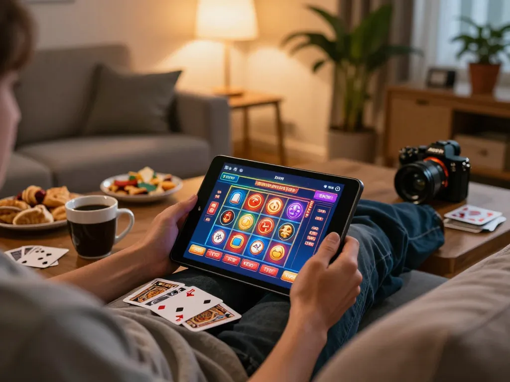 Engaging gameplay in game online on a tablet in a cozy living room setting with snacks.