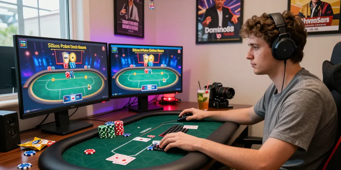 Engaging player immersed in Situs Poker Online Resmi Domino88 poker game at a stylish workstation.