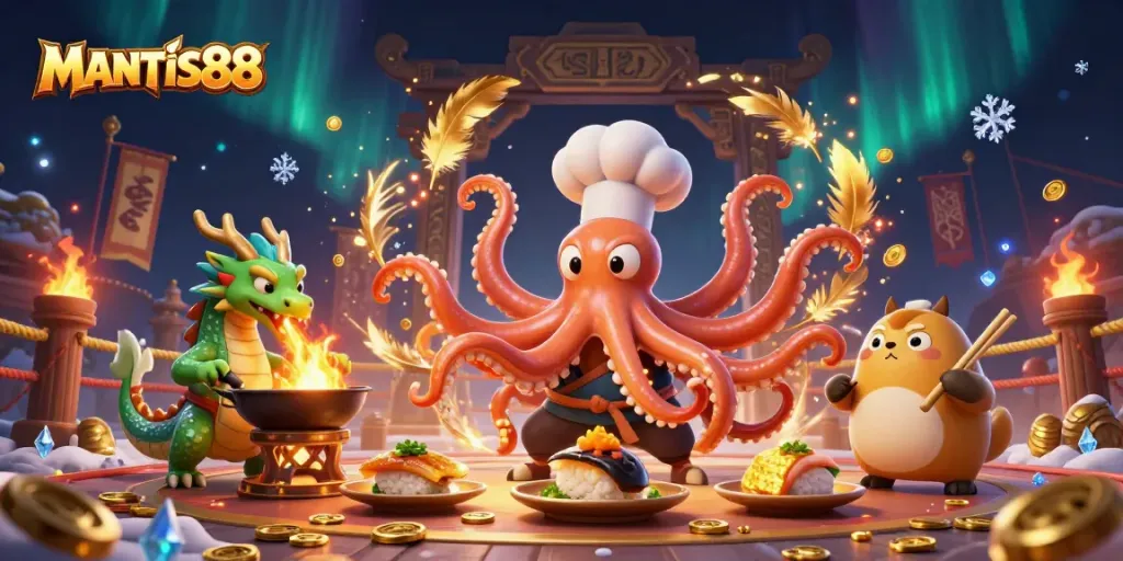 MANTIS88 presents an engaging 3D scene with a sushi chef octopus and dragon in an interactive casino atmosphere.