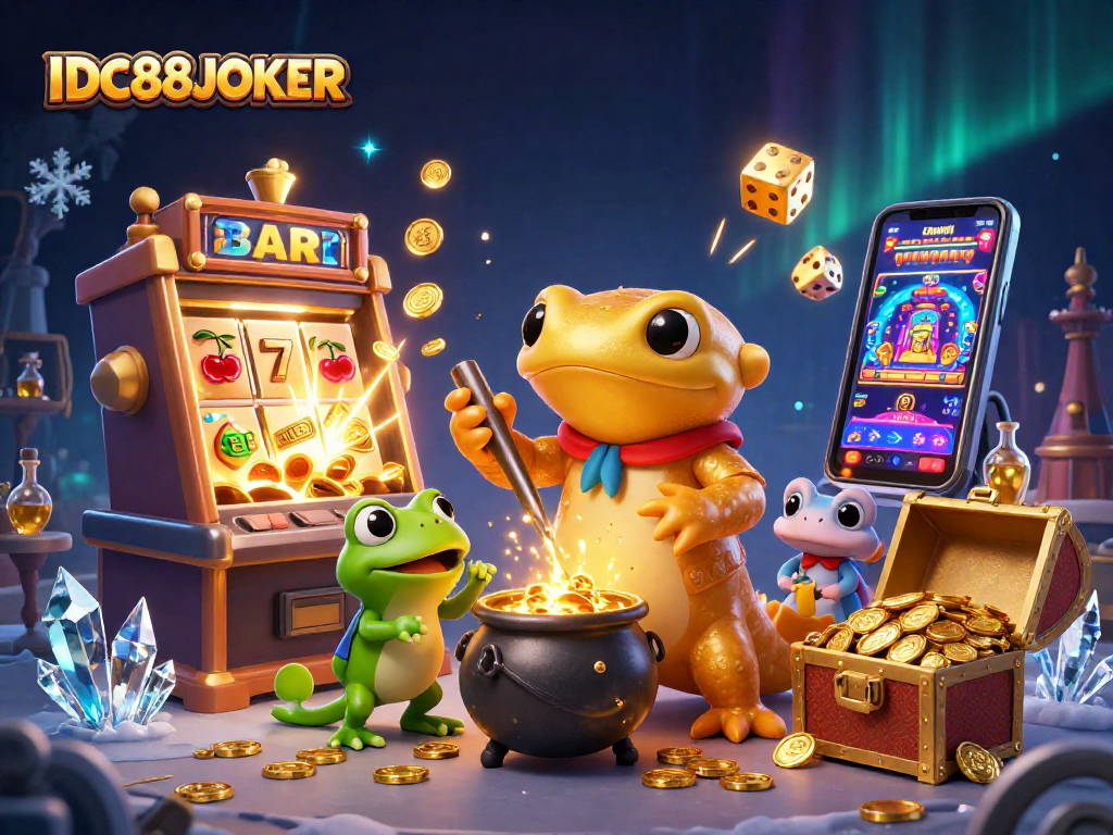 Spin the reels and win with IDC88JOKER in this vibrant 3D casino scene.