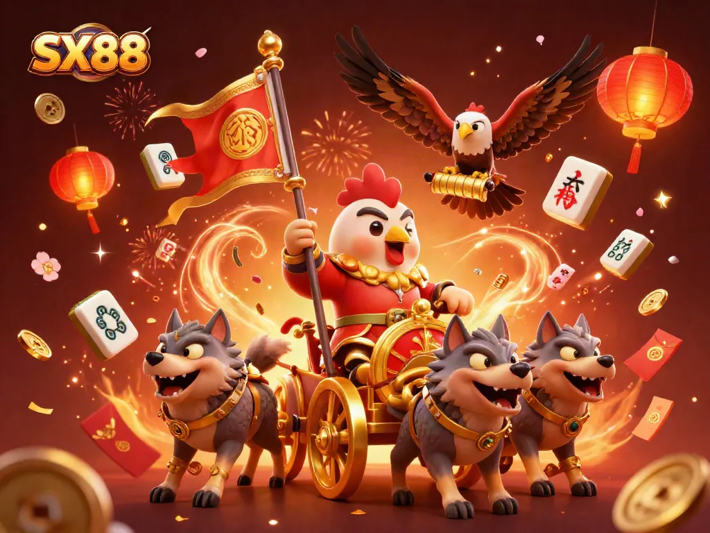 SX88 showcases a fierce rooster warlord and gold chariot in a vibrant casino-themed illustration