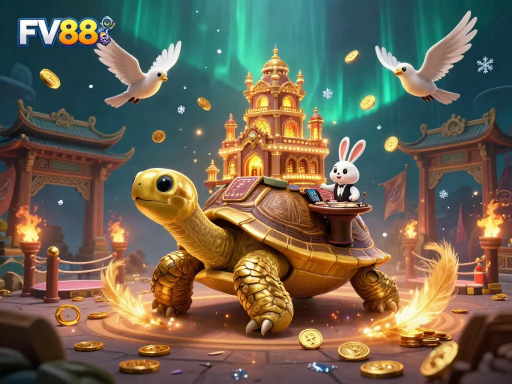 Experience vibrant casino excitement with FV88 in a dynamic 3D scene featuring a golden tortoise and rabbit dealer.