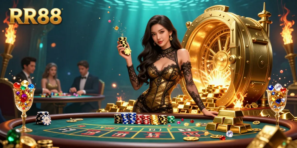 Experience high-stakes gameplay at RR88 with a confident dealer and golden treasures enhancing excitement.