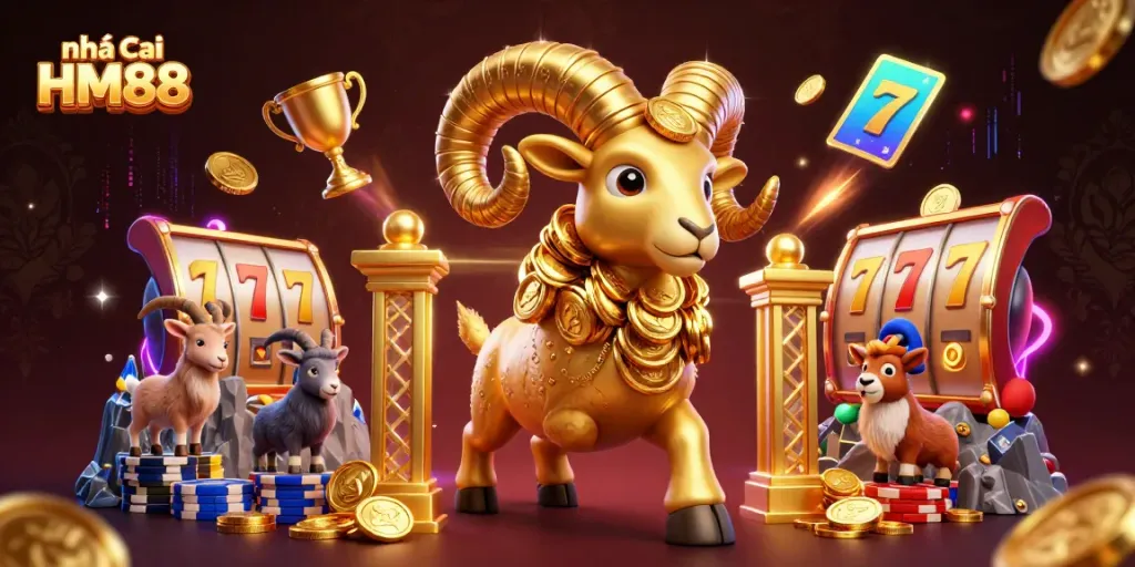 Engage with the thrilling scenes of nhà cái HM88 featuring golden rams and vibrant slot reels.