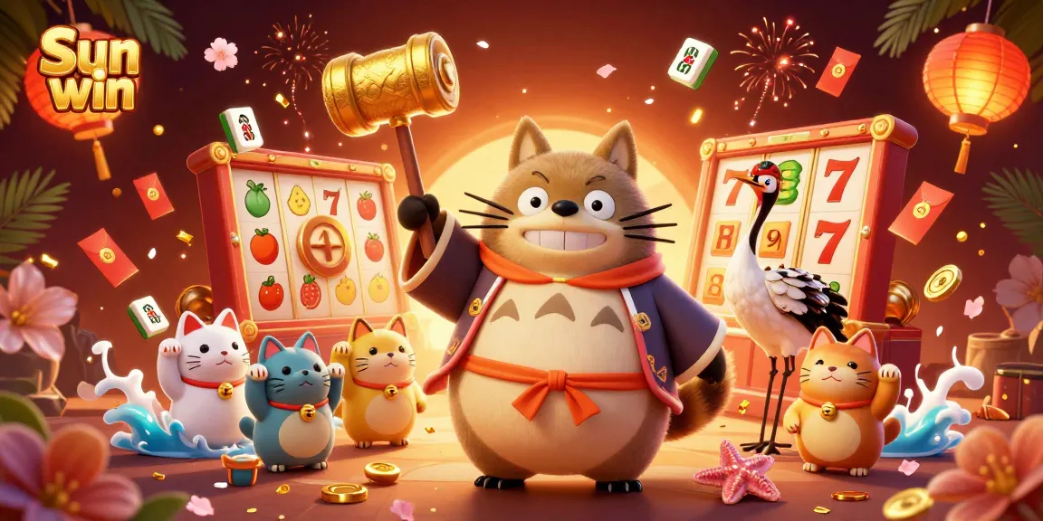 Sun win showcases winning moments with 3D characters and casino elements in a colorful celebration.