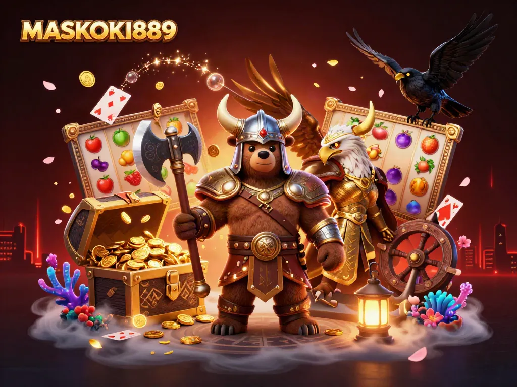 Engage with exciting games at MASKOKI889, featuring vibrant casino symbols and dynamic action.