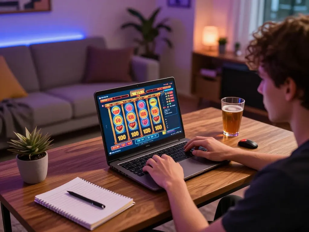 Playing slot bet 100 on a laptop in a cozy home setup, showcasing engaging interface and atmosphere.