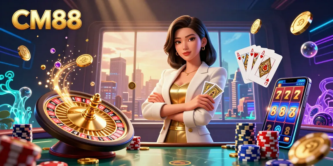 Experience exciting wins at CM88 with a glamorous Asian woman holding golden cards amidst dynamic casino elements.