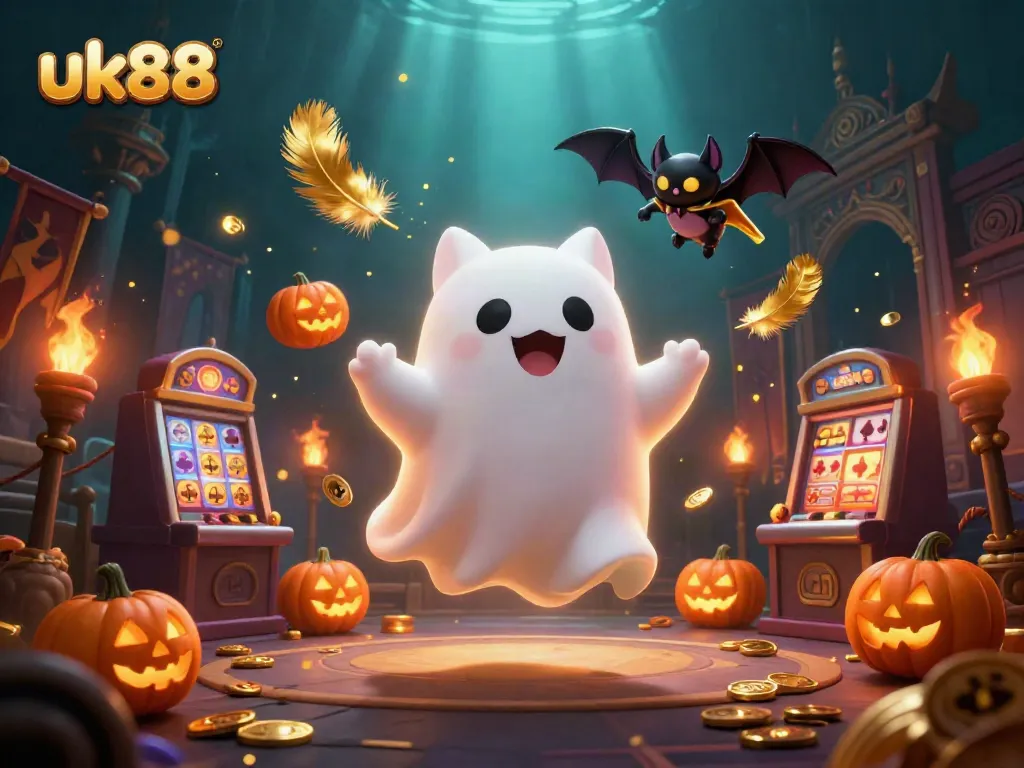 Experience the enchanting ghost cat at uk88, exploring a haunted casino filled with magical slot machines.