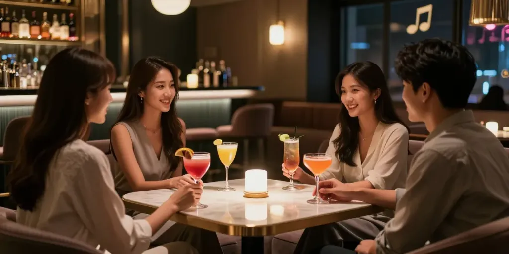 세이렌 쩜오에서 고급 음료를 즐기는 친구들로 가득한 프라이빗 룸의 세련된 분위기