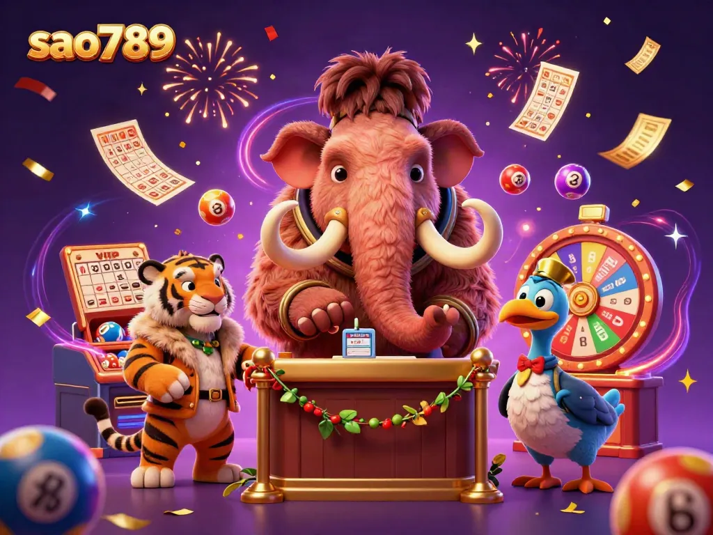 Experience the vibrant energy of sao789, where a woolly mammoth checks IDs at a casino entrance, surrounded by dynamic gaming elements.