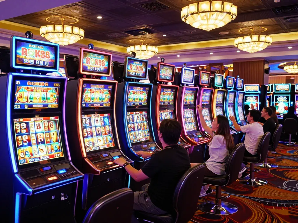 Experience the excitement of rokok88 slot machines with vibrant lighting and enthusiastic players celebrating wins