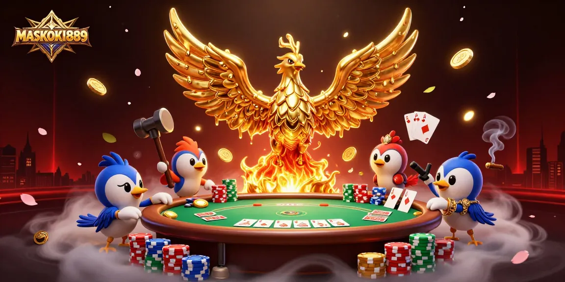 Join the fun at MASKOKI889 with golden phoenix, poker chips, and a thrilling atmosphere.