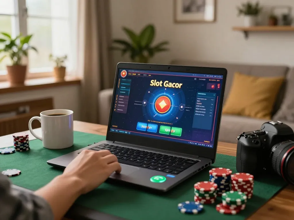 Engaging scene of online gaming with Slot Gacor interface on a laptop, emphasizing strategic gameplay.