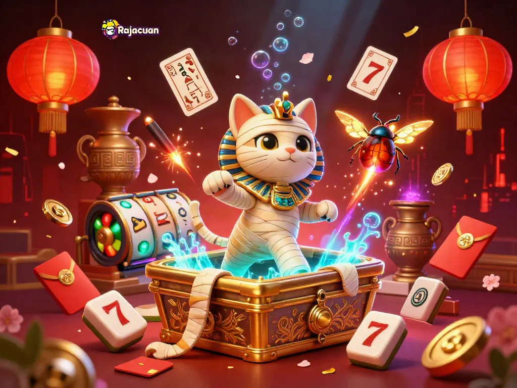 Experience the thrilling Rajacuan slots with an Egyptian mummy cat and a scarab beetle in a vibrant casino scene.
