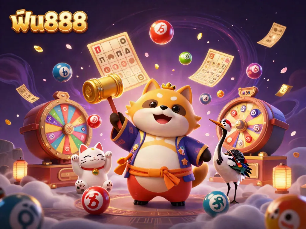 ฟัน888 brings luck and excitement with a tanuki, crane, and fortune cats in festive scene.