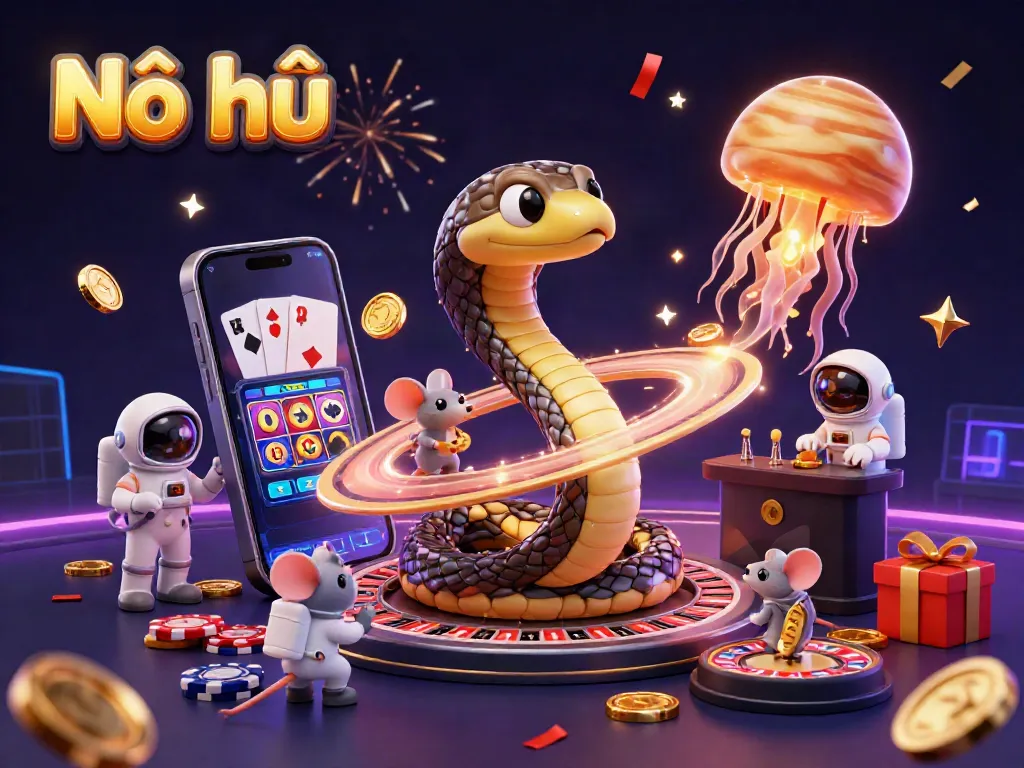 Nổ hũ rewards players with dynamic bets and colorful slots in a vibrant casino scene.