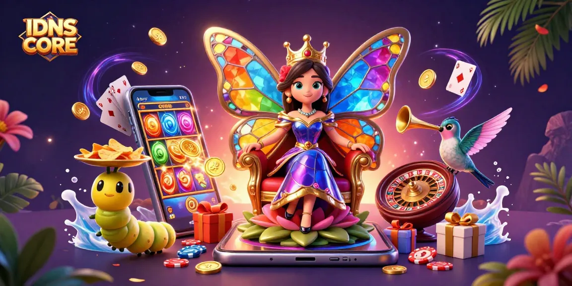IDNSCORE engages players with a vibrant scene of gaming excitement and butterfly queen majesty.
