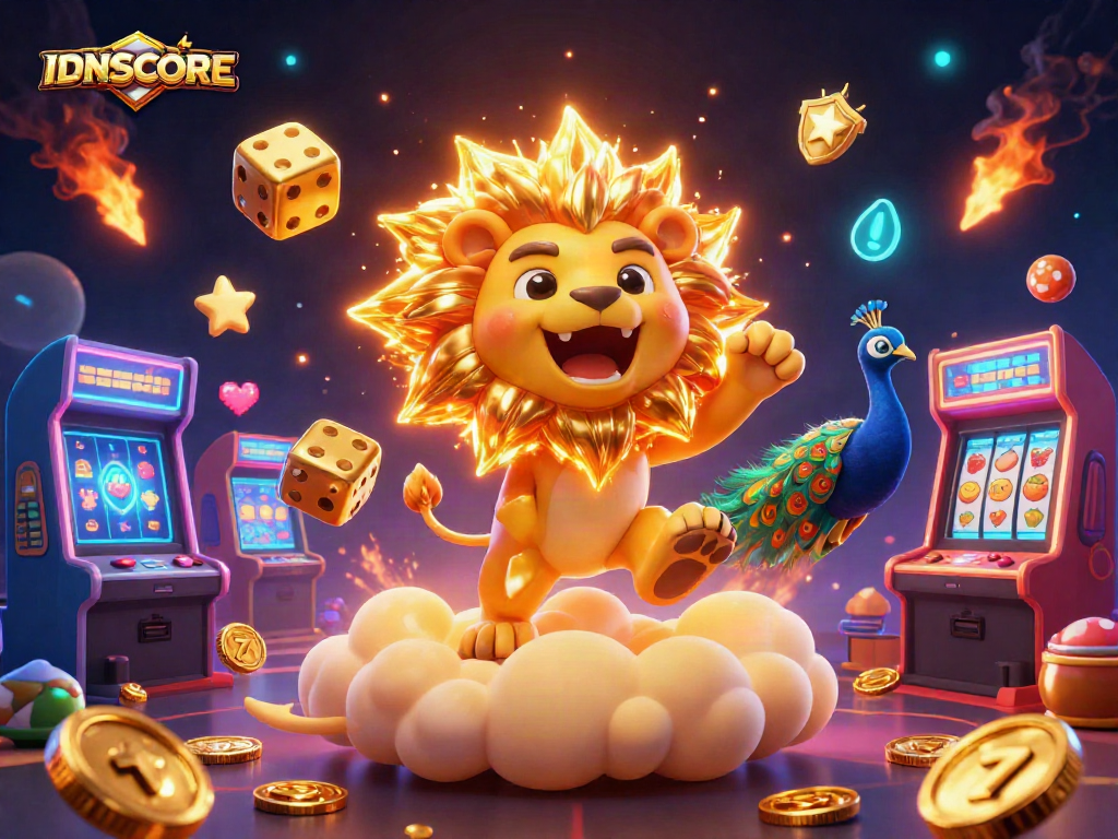 Experience IDNSCORE's thrilling online casino games with a golden sun lion and dynamic gaming elements.