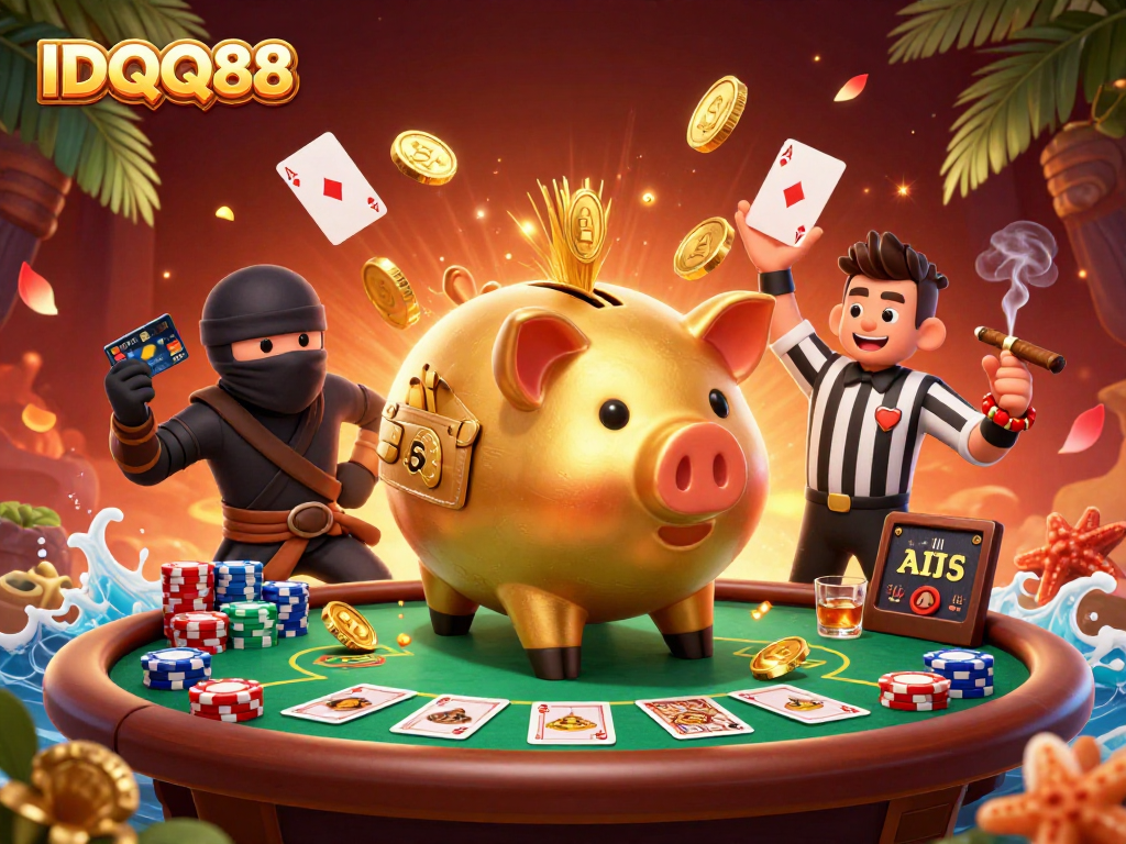 IDQQ88 players engaging in a dynamic poker showdown with vibrant characters and rich casino elements