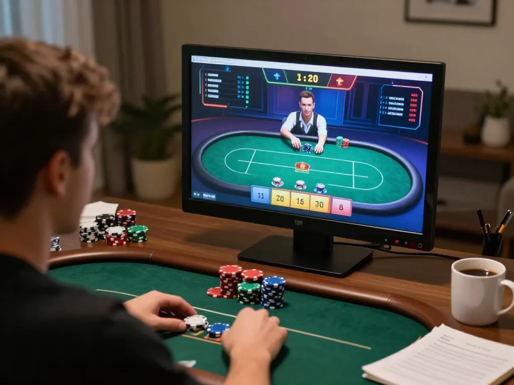 Player engaging in an online poker game on f8bet0 at home, highlighting strategy and action