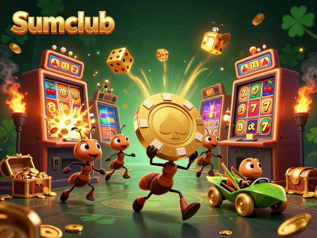 Ants executing a Sumclub heist with poker chips and casino symbols in an exciting 3D scene